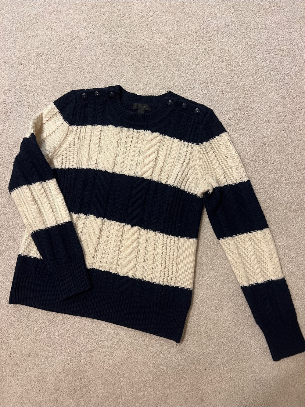 J. Crew Navy and Cream Striped Cable-Knit Sweater, Size Small 100% Wool
